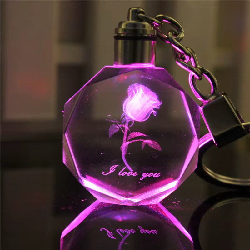 New Style Light Valentine'S Day 3D Crystal Engraving Couple Small Pendant Crystal Couple Key Chain for Women Girlfriend Keychain