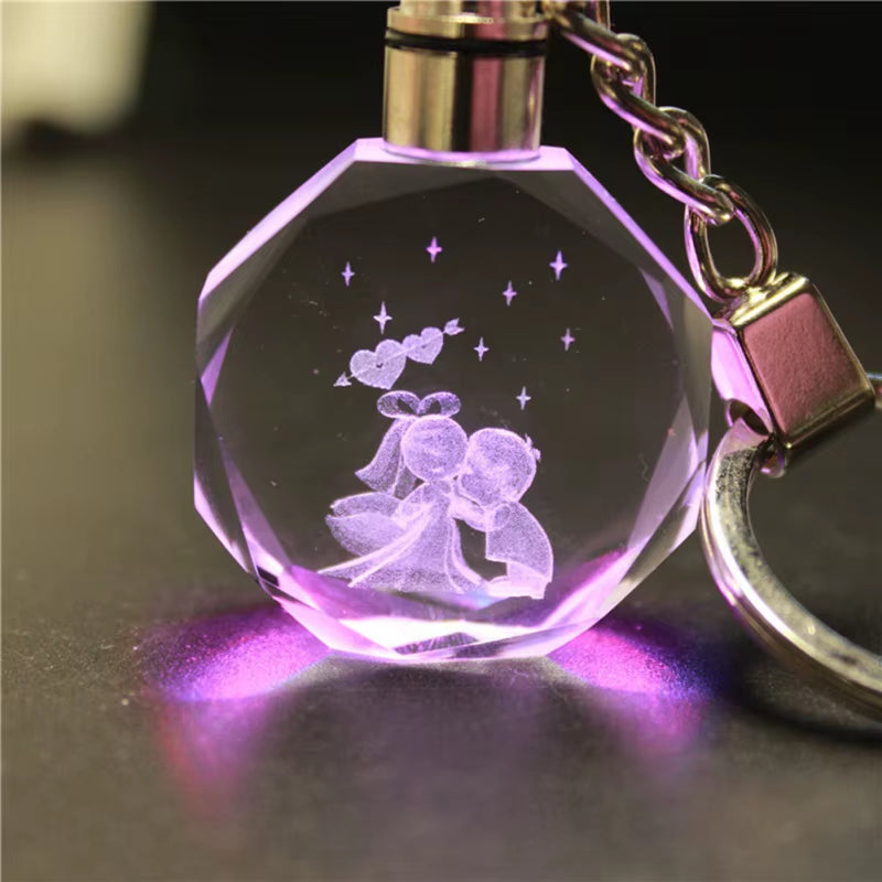 New Style Light Valentine'S Day 3D Crystal Engraving Couple Small Pendant Crystal Couple Key Chain for Women Girlfriend Keychain