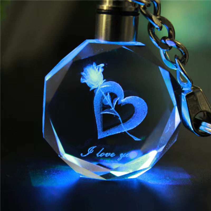 New Style Light Valentine'S Day 3D Crystal Engraving Couple Small Pendant Crystal Couple Key Chain for Women Girlfriend Keychain