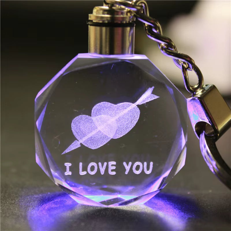 New Style Light Valentine'S Day 3D Crystal Engraving Couple Small Pendant Crystal Couple Key Chain for Women Girlfriend Keychain