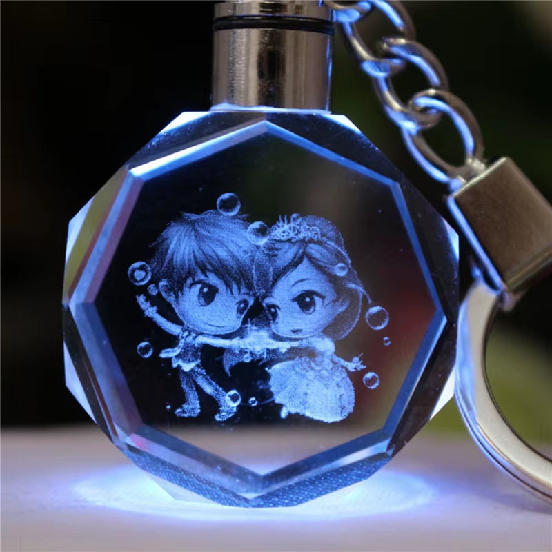 New Style Light Valentine'S Day 3D Crystal Engraving Couple Small Pendant Crystal Couple Key Chain for Women Girlfriend Keychain